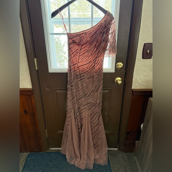 New Venus Dusty Rose Colored One Shoulder Intricate Beading Sheer Evening Gown 2